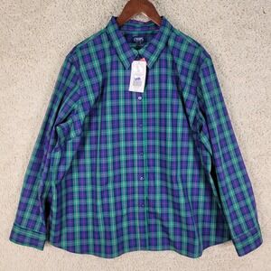 Chaps Shirt Size 3X Plus Blue Green Plaid Long Sleeve Cotton Non-Iron Button NEW